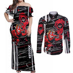 Essendon Football Club Couples Matching Off Shoulder Maxi Dress and Long Sleeve Button Shirt Mascot Cartoon Football Illustration Style