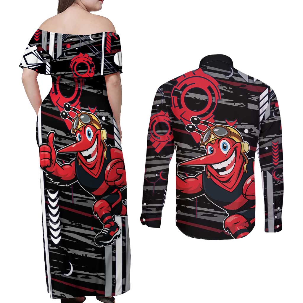 Essendon Football Club Couples Matching Off Shoulder Maxi Dress and Long Sleeve Button Shirt Mascot Cartoon Football Illustration Style