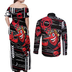 Essendon Football Club Couples Matching Off Shoulder Maxi Dress and Long Sleeve Button Shirt Mascot Cartoon Football Illustration Style
