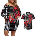 Essendon Football Club Couples Matching Off Shoulder Short Dress and Hawaiian Shirt Mascot Cartoon Football Illustration Style