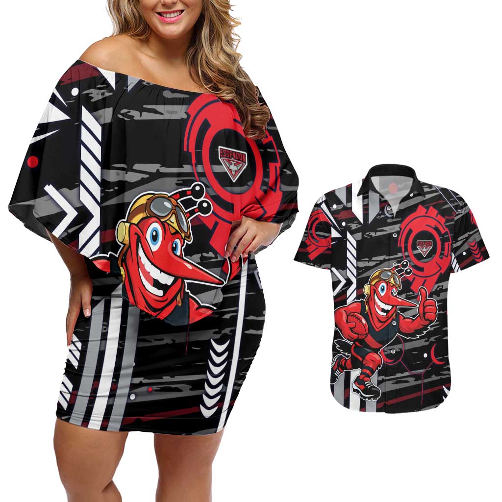 Essendon Football Club Couples Matching Off Shoulder Short Dress and Hawaiian Shirt Mascot Cartoon Football Illustration Style