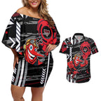 Essendon Football Club Couples Matching Off Shoulder Short Dress and Hawaiian Shirt Mascot Cartoon Football Illustration Style
