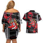 Essendon Football Club Couples Matching Off Shoulder Short Dress and Hawaiian Shirt Mascot Cartoon Football Illustration Style