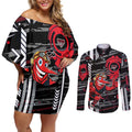 Essendon Football Club Couples Matching Off Shoulder Short Dress and Long Sleeve Button Shirt Mascot Cartoon Football Illustration Style