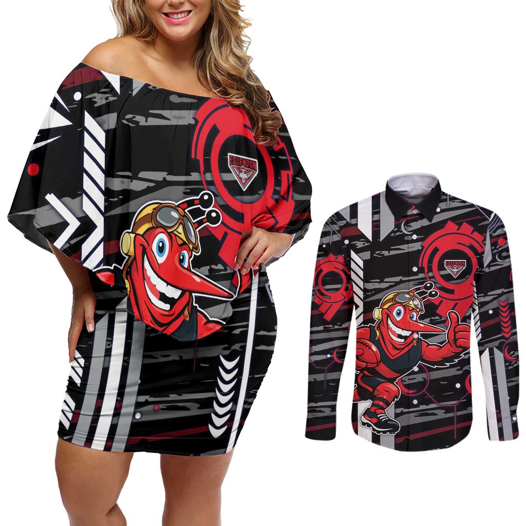 Essendon Football Club Couples Matching Off Shoulder Short Dress and Long Sleeve Button Shirt Mascot Cartoon Football Illustration Style