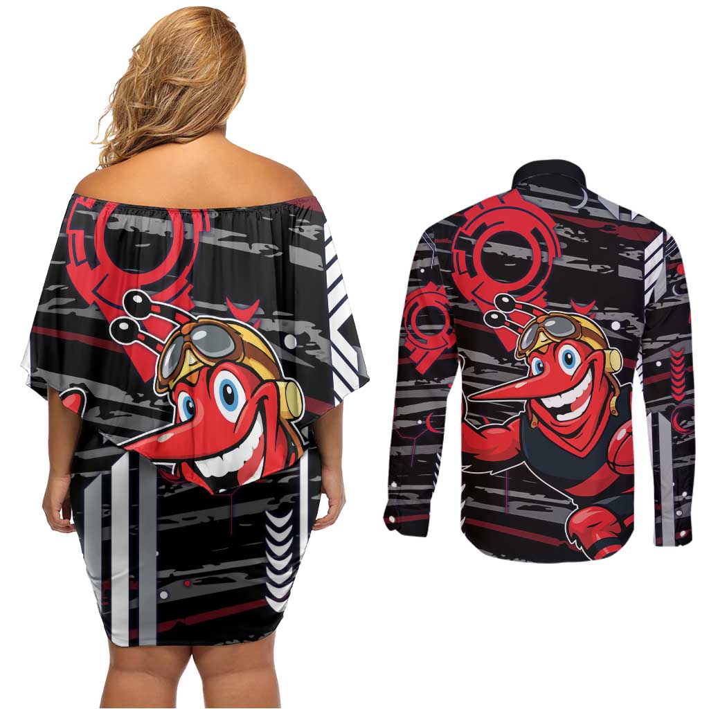 Essendon Football Club Couples Matching Off Shoulder Short Dress and Long Sleeve Button Shirt Mascot Cartoon Football Illustration Style