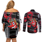 Essendon Football Club Couples Matching Off Shoulder Short Dress and Long Sleeve Button Shirt Mascot Cartoon Football Illustration Style