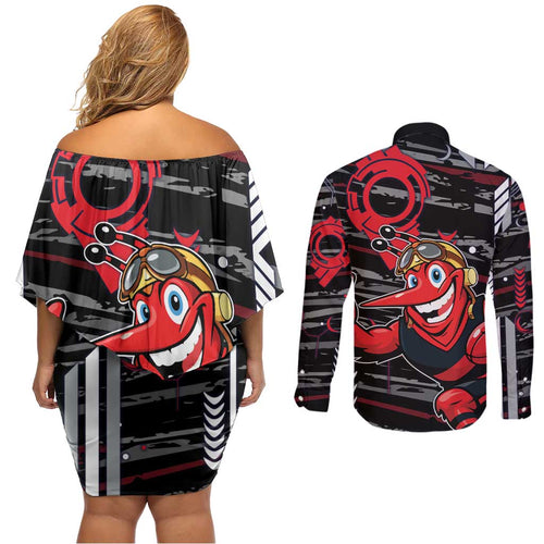 Essendon Football Club Couples Matching Off Shoulder Short Dress and Long Sleeve Button Shirt Mascot Cartoon Football Illustration Style