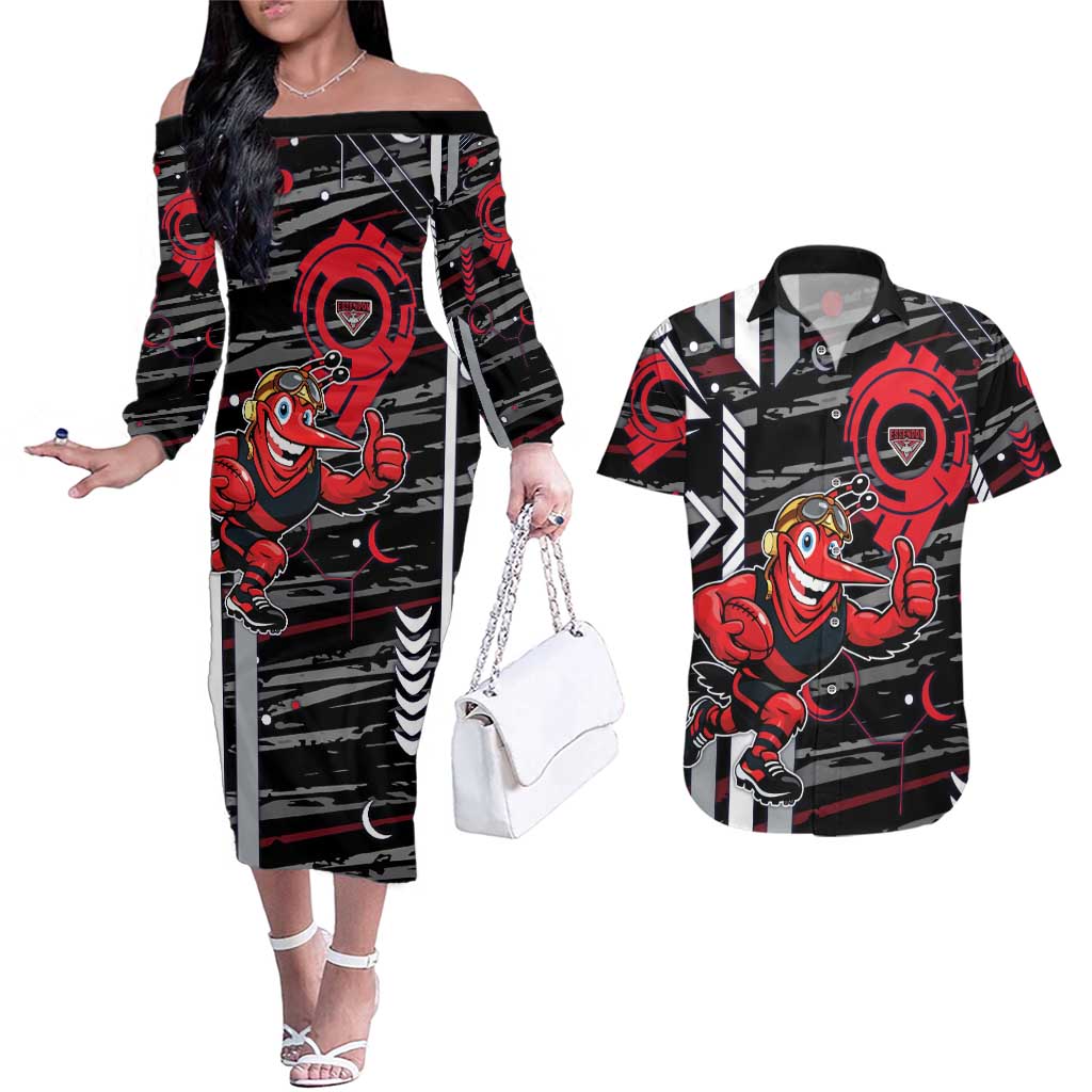 Essendon Football Club Couples Matching Off The Shoulder Long Sleeve Dress and Hawaiian Shirt Mascot Cartoon Football Illustration Style