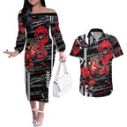 Essendon Football Club Couples Matching Off The Shoulder Long Sleeve Dress and Hawaiian Shirt Mascot Cartoon Football Illustration Style