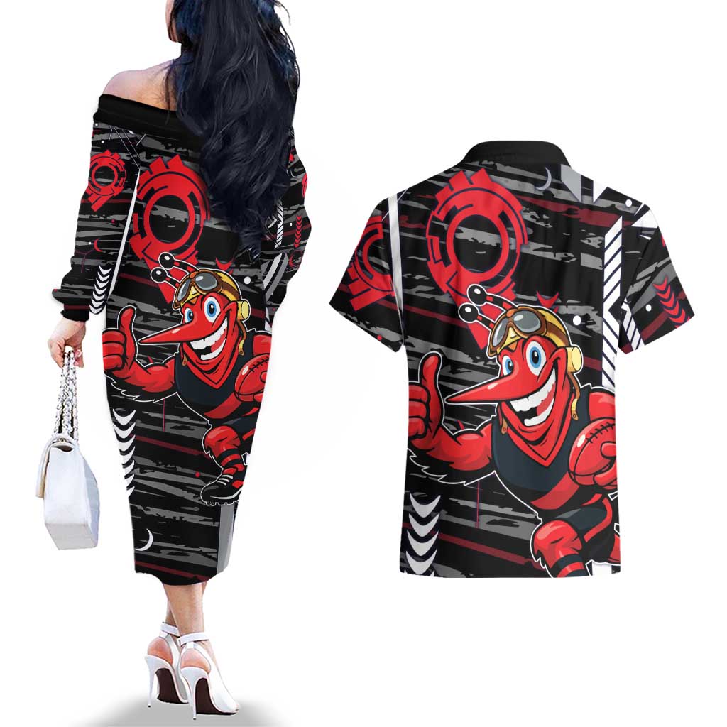 Essendon Football Club Couples Matching Off The Shoulder Long Sleeve Dress and Hawaiian Shirt Mascot Cartoon Football Illustration Style