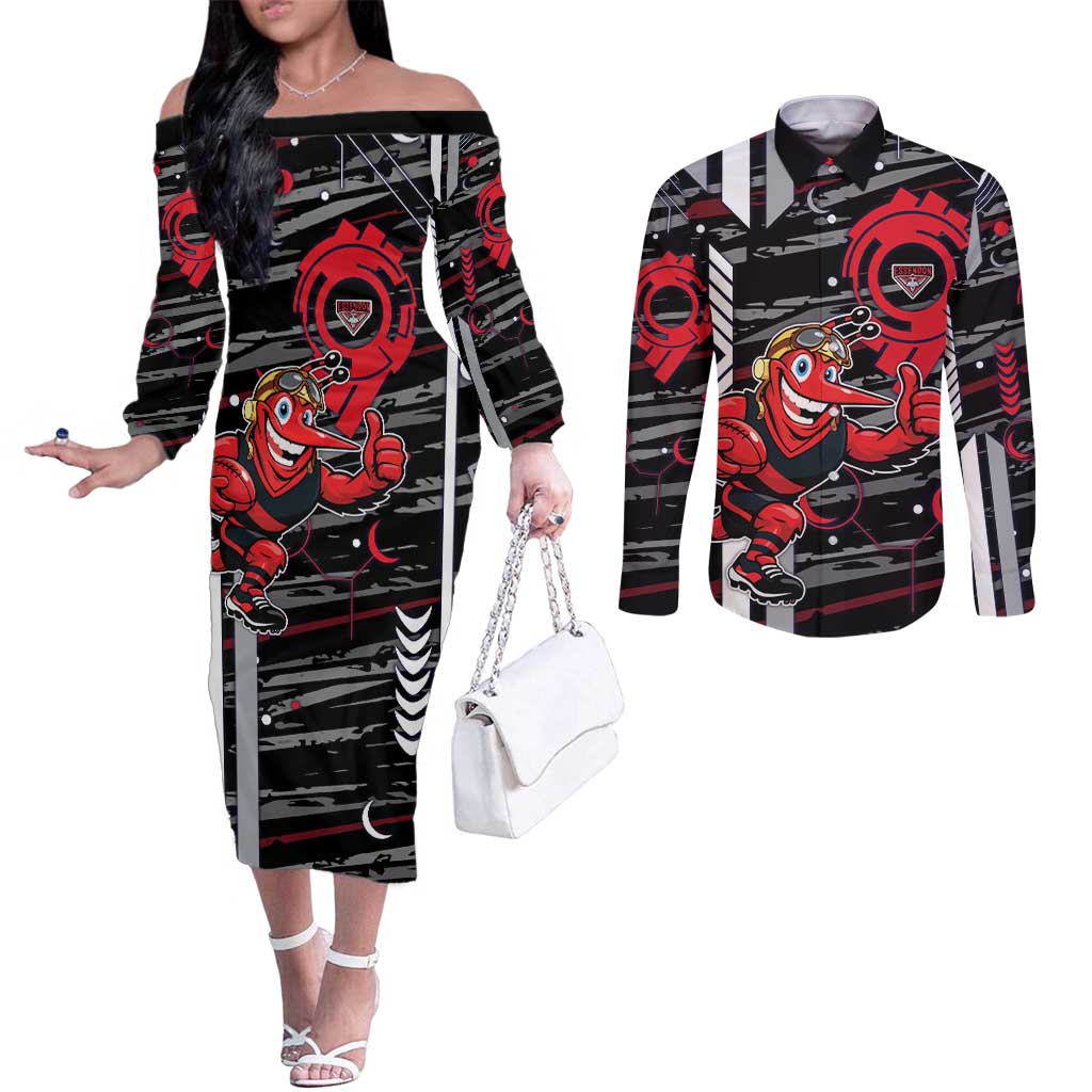 Essendon Football Club Couples Matching Off The Shoulder Long Sleeve Dress and Long Sleeve Button Shirt Mascot Cartoon Football Illustration Style