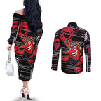 Essendon Football Club Couples Matching Off The Shoulder Long Sleeve Dress and Long Sleeve Button Shirt Mascot Cartoon Football Illustration Style