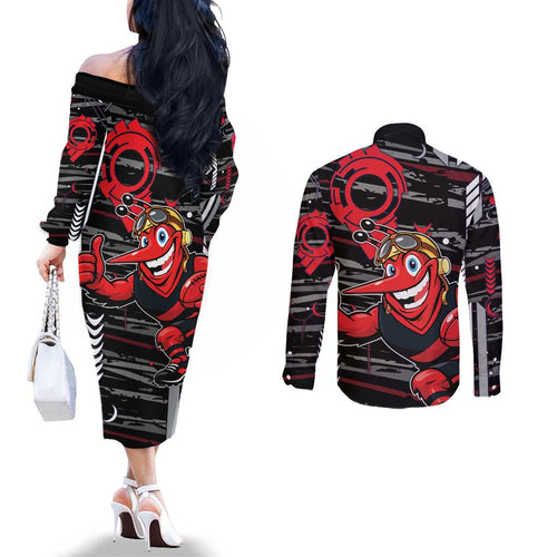 Essendon Football Club Couples Matching Off The Shoulder Long Sleeve Dress and Long Sleeve Button Shirt Mascot Cartoon Football Illustration Style