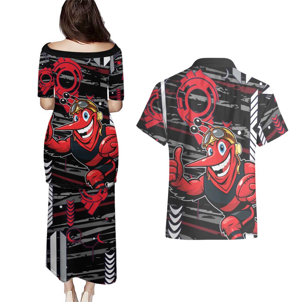 Essendon Football Club Couples Matching Puletasi and Hawaiian Shirt Mascot Cartoon Football Illustration Style