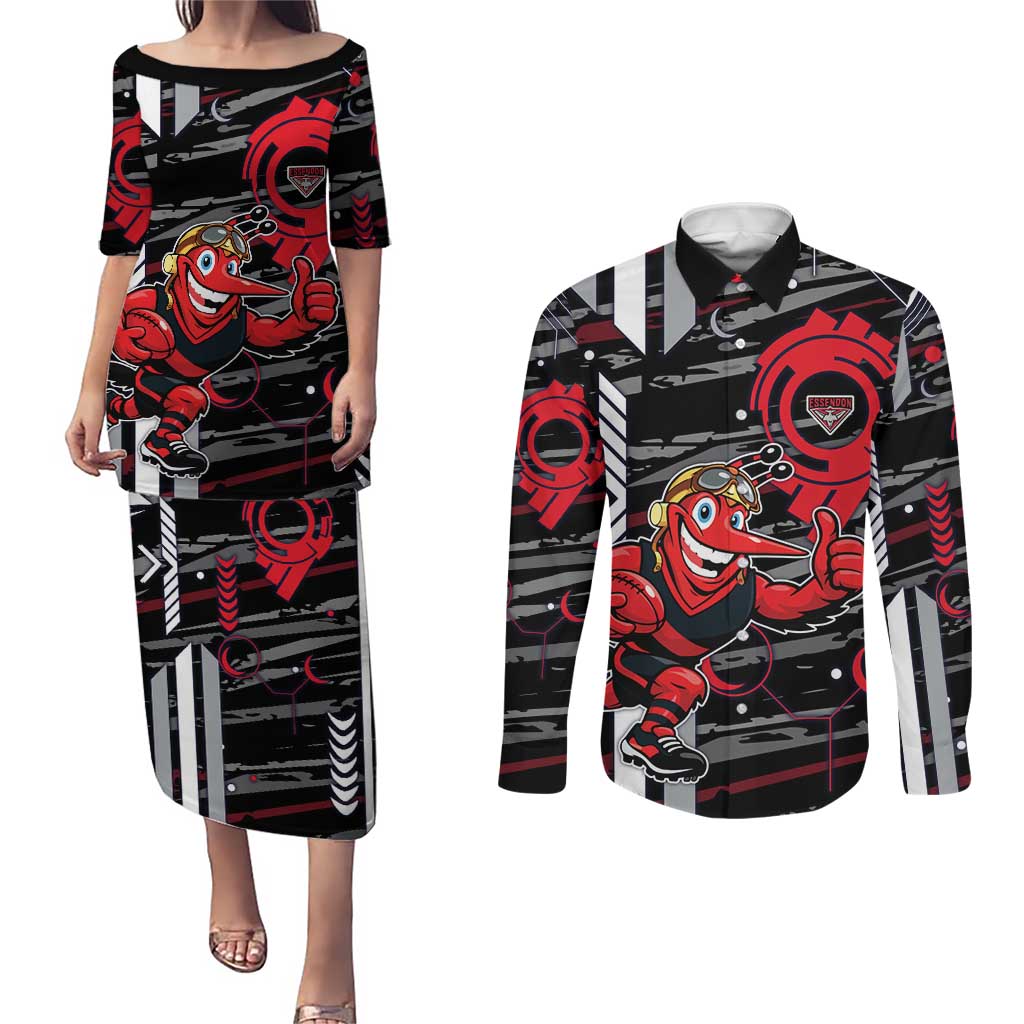 Essendon Football Club Couples Matching Puletasi and Long Sleeve Button Shirt Mascot Cartoon Football Illustration Style