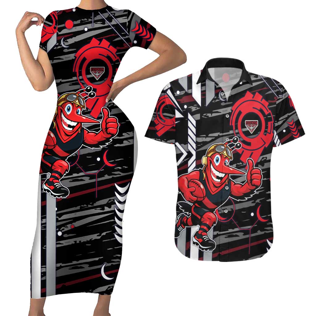 Essendon Football Club Couples Matching Short Sleeve Bodycon Dress and Hawaiian Shirt Mascot Cartoon Football Illustration Style