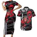 Essendon Football Club Couples Matching Short Sleeve Bodycon Dress and Hawaiian Shirt Mascot Cartoon Football Illustration Style