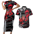 Essendon Football Club Couples Matching Short Sleeve Bodycon Dress and Hawaiian Shirt Mascot Cartoon Football Illustration Style