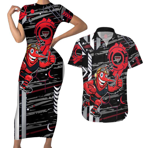 Essendon Football Club Couples Matching Short Sleeve Bodycon Dress and Hawaiian Shirt Mascot Cartoon Football Illustration Style