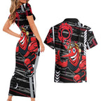 Essendon Football Club Couples Matching Short Sleeve Bodycon Dress and Hawaiian Shirt Mascot Cartoon Football Illustration Style
