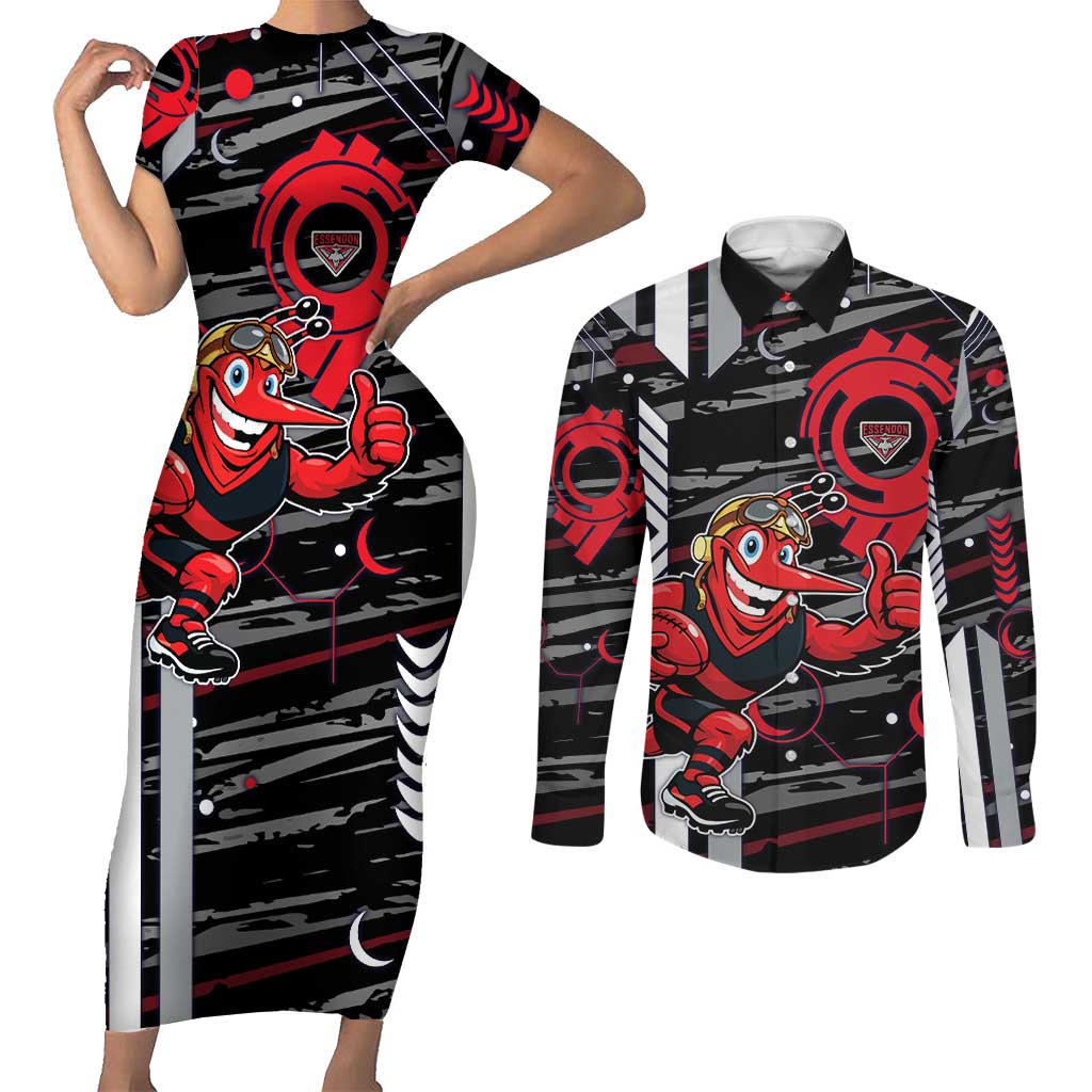 Essendon Football Club Couples Matching Short Sleeve Bodycon Dress and Long Sleeve Button Shirt Mascot Cartoon Football Illustration Style