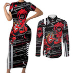 Essendon Football Club Couples Matching Short Sleeve Bodycon Dress and Long Sleeve Button Shirt Mascot Cartoon Football Illustration Style