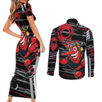 Essendon Football Club Couples Matching Short Sleeve Bodycon Dress and Long Sleeve Button Shirt Mascot Cartoon Football Illustration Style