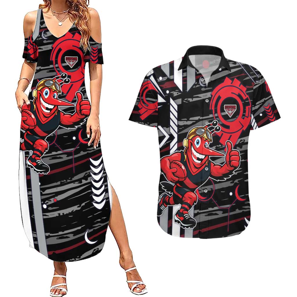 Essendon Football Club Couples Matching Summer Maxi Dress and Hawaiian Shirt Mascot Cartoon Football Illustration Style