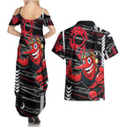 Essendon Football Club Couples Matching Summer Maxi Dress and Hawaiian Shirt Mascot Cartoon Football Illustration Style