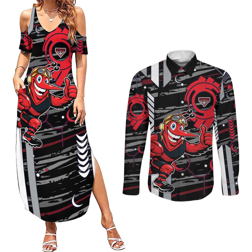 Essendon Football Club Couples Matching Summer Maxi Dress and Long Sleeve Button Shirt Mascot Cartoon Football Illustration Style