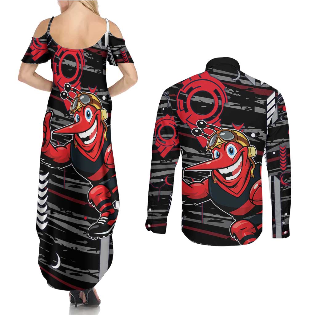 Essendon Football Club Couples Matching Summer Maxi Dress and Long Sleeve Button Shirt Mascot Cartoon Football Illustration Style