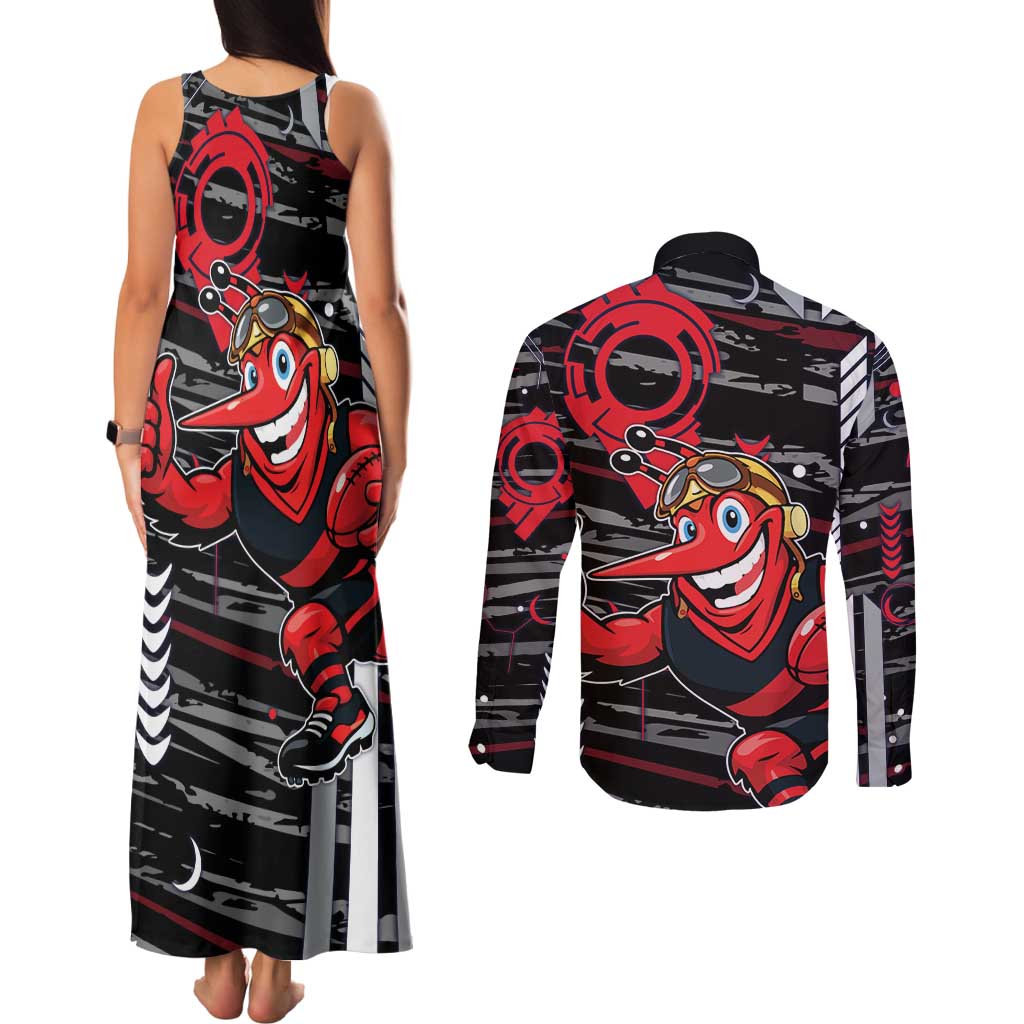 Essendon Football Club Couples Matching Tank Maxi Dress and Long Sleeve Button Shirt Mascot Cartoon Football Illustration Style