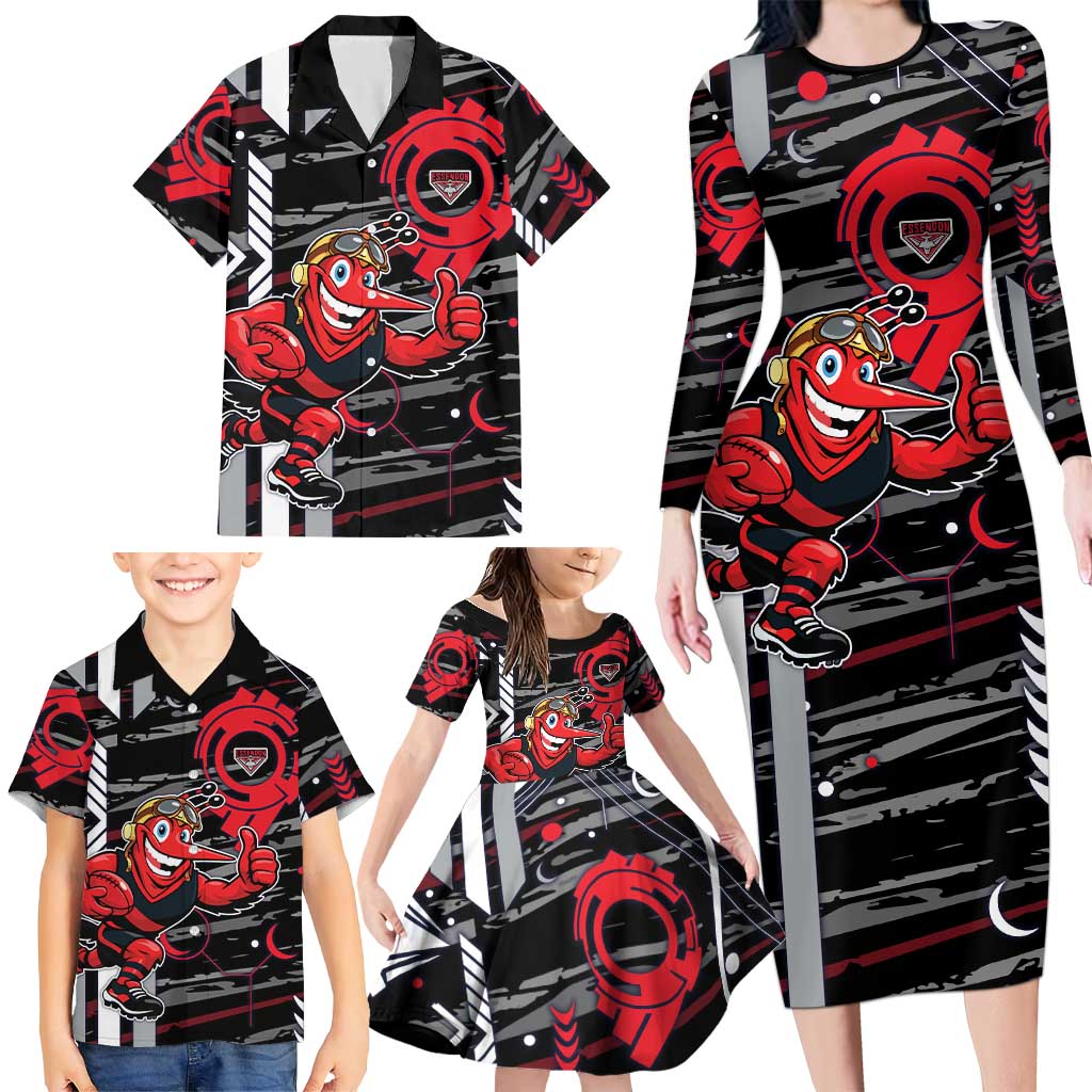 Essendon Football Club Family Matching Long Sleeve Bodycon Dress and Hawaiian Shirt Mascot Cartoon Football Illustration Style