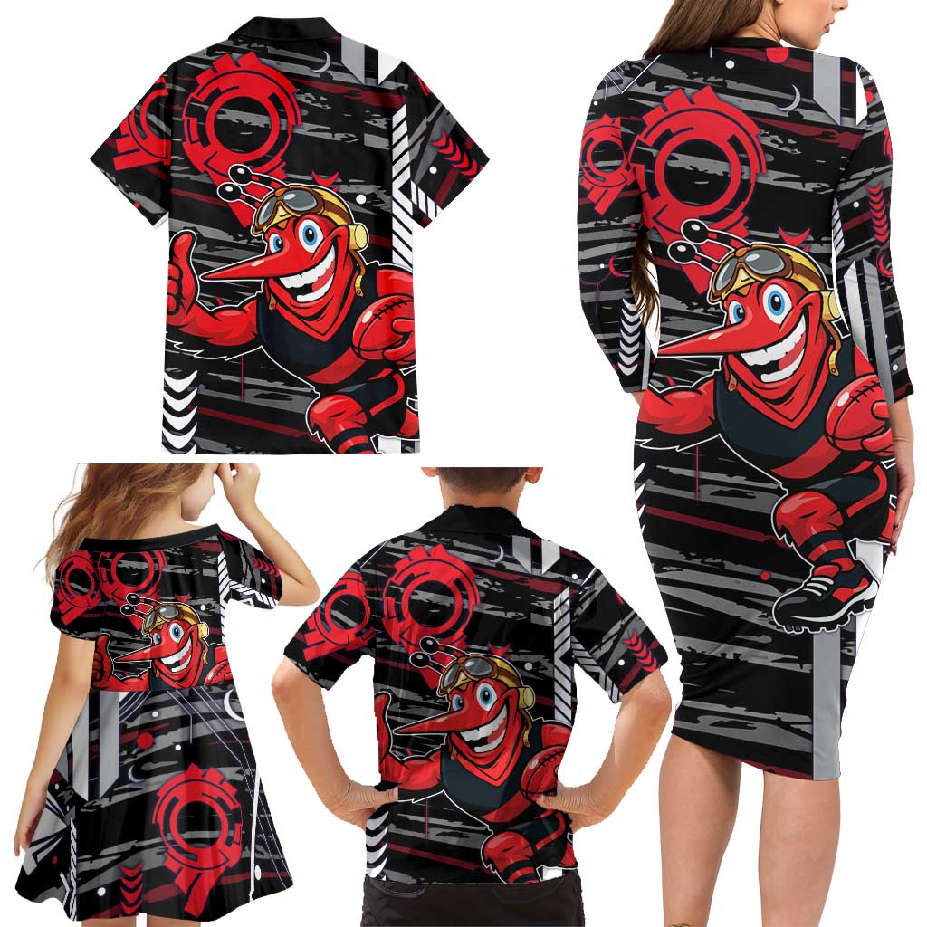 Essendon Football Club Family Matching Long Sleeve Bodycon Dress and Hawaiian Shirt Mascot Cartoon Football Illustration Style