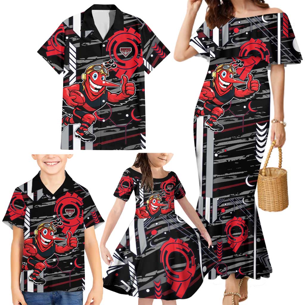 Essendon Football Club Family Matching Mermaid Dress and Hawaiian Shirt Mascot Cartoon Football Illustration Style