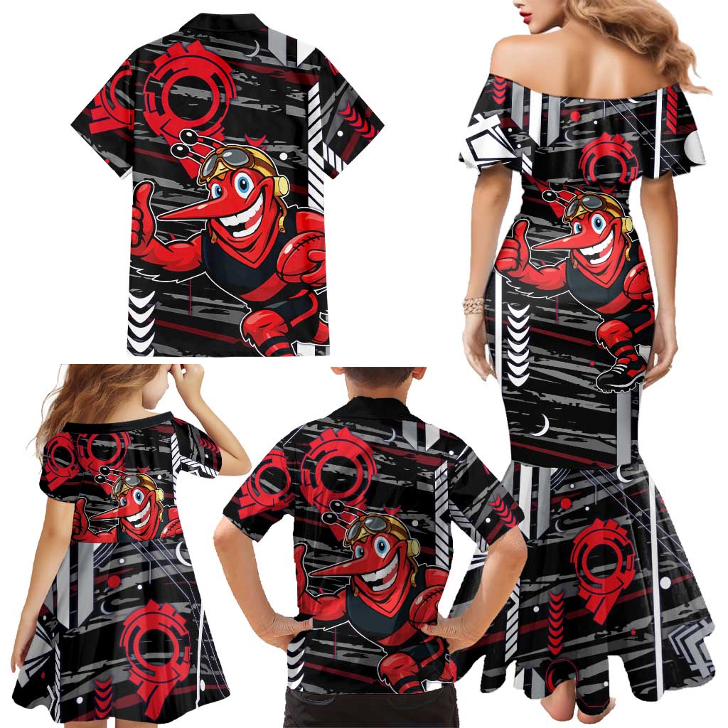 Essendon Football Club Family Matching Mermaid Dress and Hawaiian Shirt Mascot Cartoon Football Illustration Style