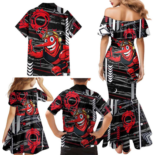 Essendon Football Club Family Matching Mermaid Dress and Hawaiian Shirt Mascot Cartoon Football Illustration Style
