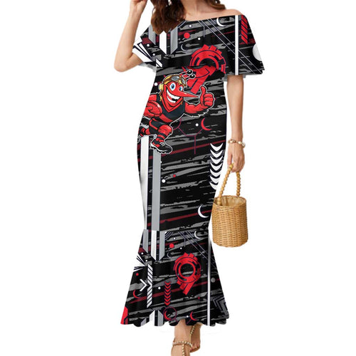 Essendon Football Club Family Matching Mermaid Dress and Hawaiian Shirt Mascot Cartoon Football Illustration Style