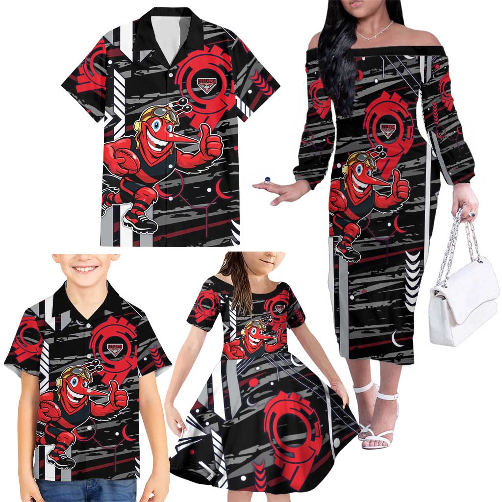 Essendon Football Club Family Matching Off The Shoulder Long Sleeve Dress and Hawaiian Shirt Mascot Cartoon Football Illustration Style