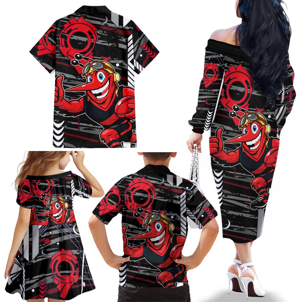 Essendon Football Club Family Matching Off The Shoulder Long Sleeve Dress and Hawaiian Shirt Mascot Cartoon Football Illustration Style
