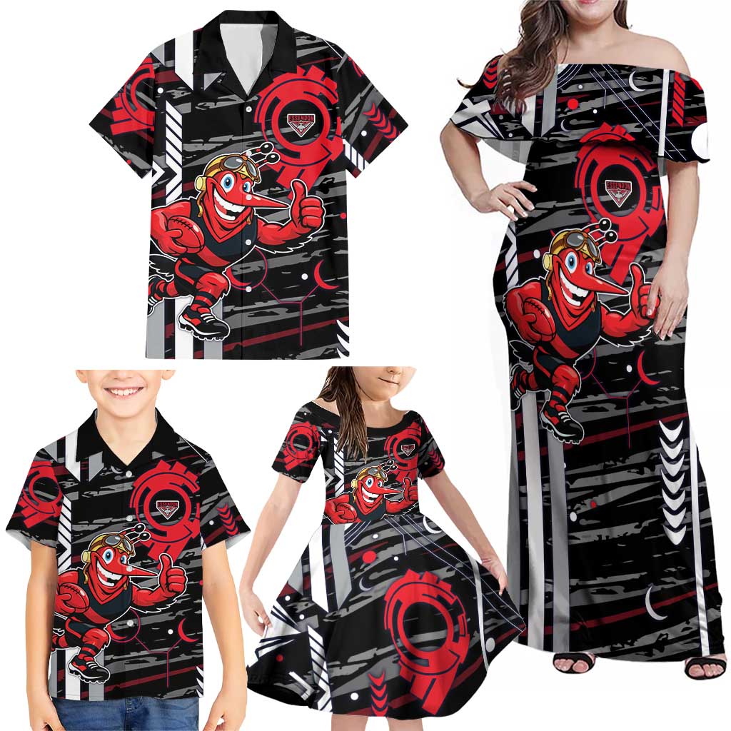 Essendon Football Club Family Matching Off Shoulder Maxi Dress and Hawaiian Shirt Mascot Cartoon Football Illustration Style