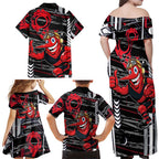 Essendon Football Club Family Matching Off Shoulder Maxi Dress and Hawaiian Shirt Mascot Cartoon Football Illustration Style