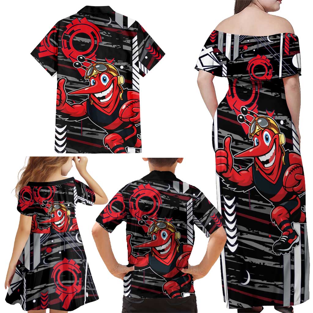 Essendon Football Club Family Matching Off Shoulder Maxi Dress and Hawaiian Shirt Mascot Cartoon Football Illustration Style