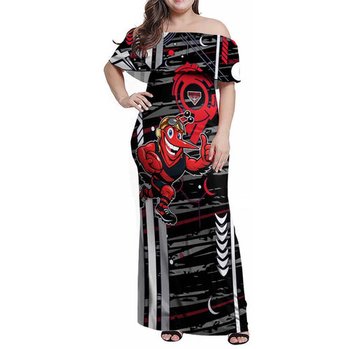 Essendon Football Club Family Matching Off Shoulder Maxi Dress and Hawaiian Shirt Mascot Cartoon Football Illustration Style