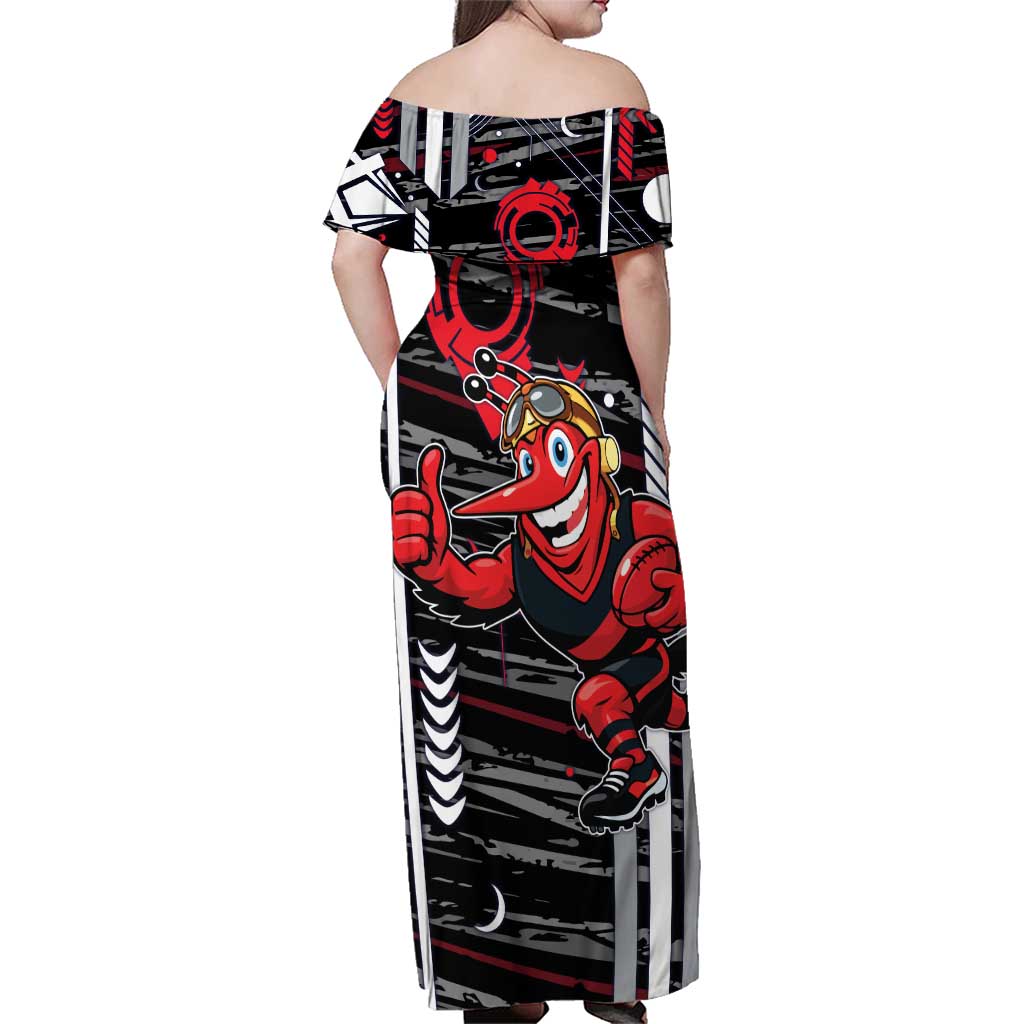 Essendon Football Club Family Matching Off Shoulder Maxi Dress and Hawaiian Shirt Mascot Cartoon Football Illustration Style