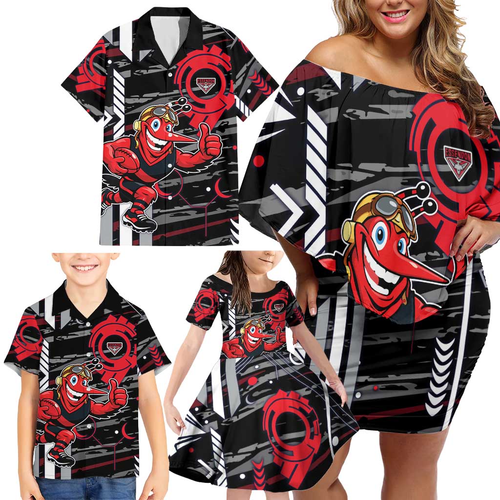 Essendon Football Club Family Matching Off Shoulder Short Dress and Hawaiian Shirt Mascot Cartoon Football Illustration Style