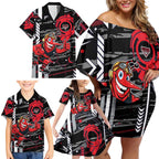 Essendon Football Club Family Matching Off Shoulder Short Dress and Hawaiian Shirt Mascot Cartoon Football Illustration Style