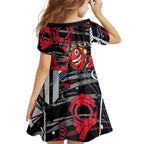 Essendon Football Club Family Matching Off Shoulder Short Dress and Hawaiian Shirt Mascot Cartoon Football Illustration Style