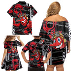 Essendon Football Club Family Matching Off Shoulder Short Dress and Hawaiian Shirt Mascot Cartoon Football Illustration Style